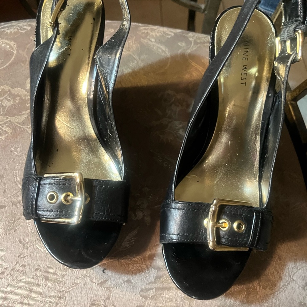 Nine West Black and Gold Heels with Slingback Design